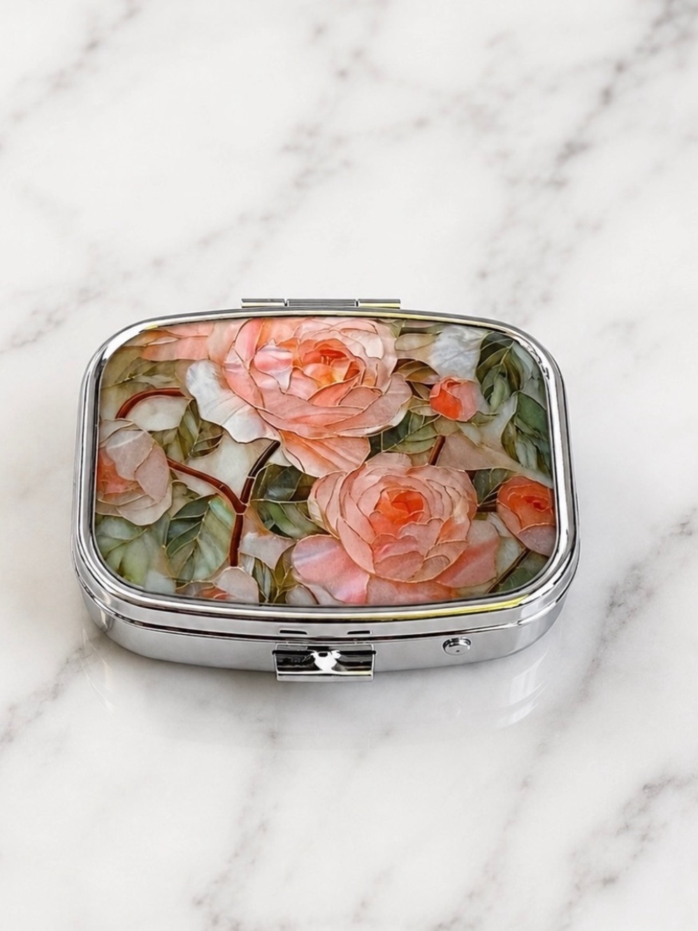 Pink Rose Floral Theme Purse Pill Box/Travel Jewelry-Compact With Lidded Mirror